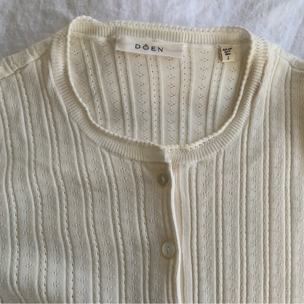 Doen Ellis Henley Pointelle Knit Button Crewneck Sweater Top Ivory - Picture 4 of 10